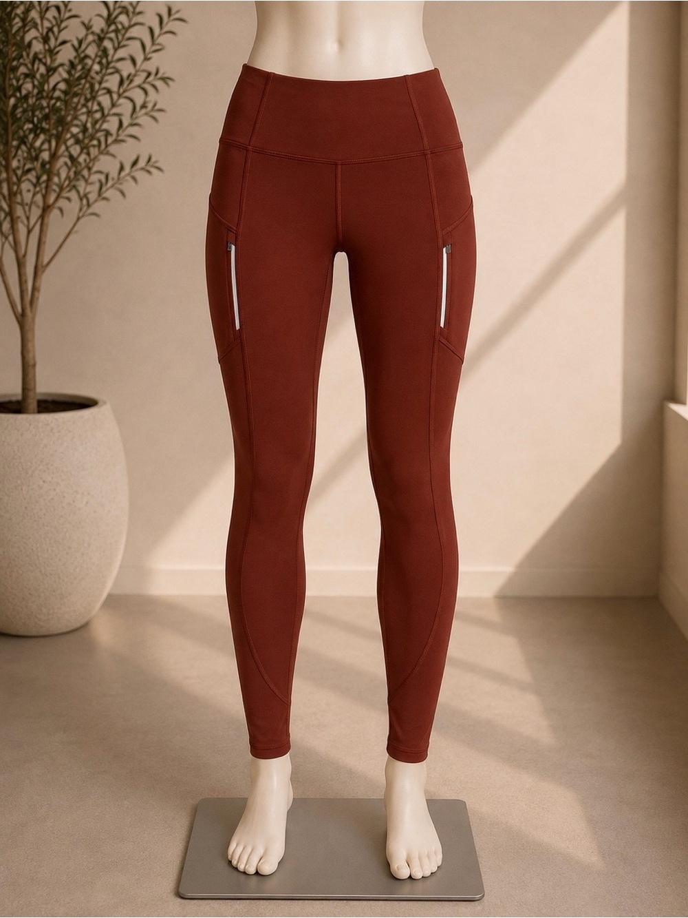 Athleta Rainier Tight Leggings Burnt Orange Reflective Pockets XS